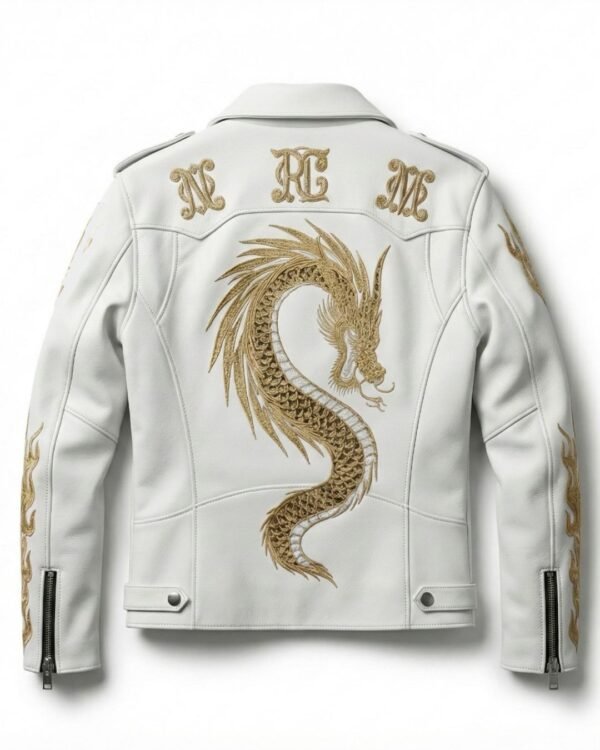 PelleChic Golden Dragon Embroidered White Leather Jacket $855 USD
