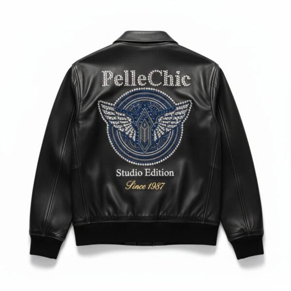 Pelle Chic "Studio Edition" Since 1987 | Premium Crystal-Embellished Leather Bomber (Black)  $1098 USD