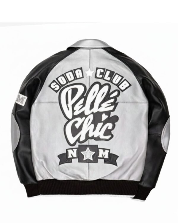 PelleChic™ "Soda Club" Silver & Black Luxury Leather Bomber – 2026 Elite Varsity Edition  $854 USD