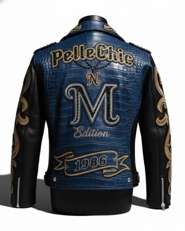 PelleChic™ Blue Croco-Embossed Biker Jacket – Elite "M" Edition 1986 Luxury Series  $854 USD