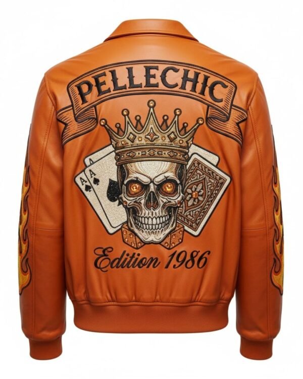 PelleChic™ Orange "King of Spades" Luxury Leather Bomber – Elite Crowned Skull 1986 Edition   $961 USD