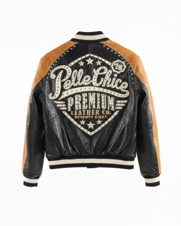 Pelle Chic Premium Studded Leather Varsity Jacket - Black & Cognac   $854 USD