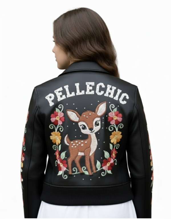 Pelle Chic "Deer Garden" | Hand-Embroidered Floral Leather Bomber  $854 USD