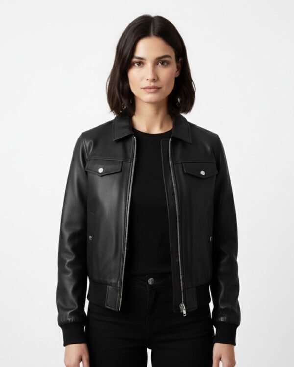 Women’s Classic Black Leather Bomber Jacket $489 USD