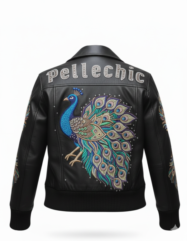 PelleChic™ Majestic Peacock Luxury Leather Bomber – Hand-Detailed Rhinestone Art Edition  $854 USD