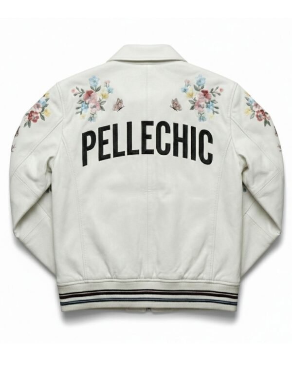 PelleChic™ Pristine White Luxury Leather Bomber – Floral Butterfly Artistic Edition  $854 USD