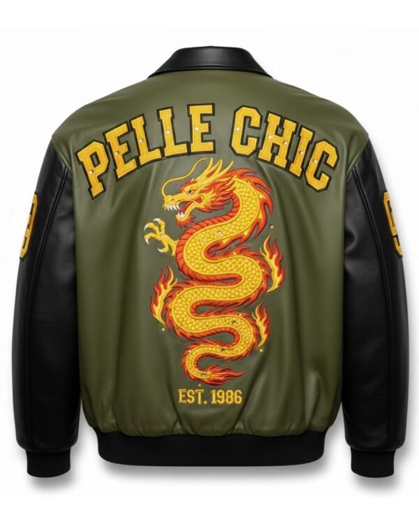 PelleChic Dragon Leather Jacket – Olive Green & Black Bomber Jacket   $901 USD