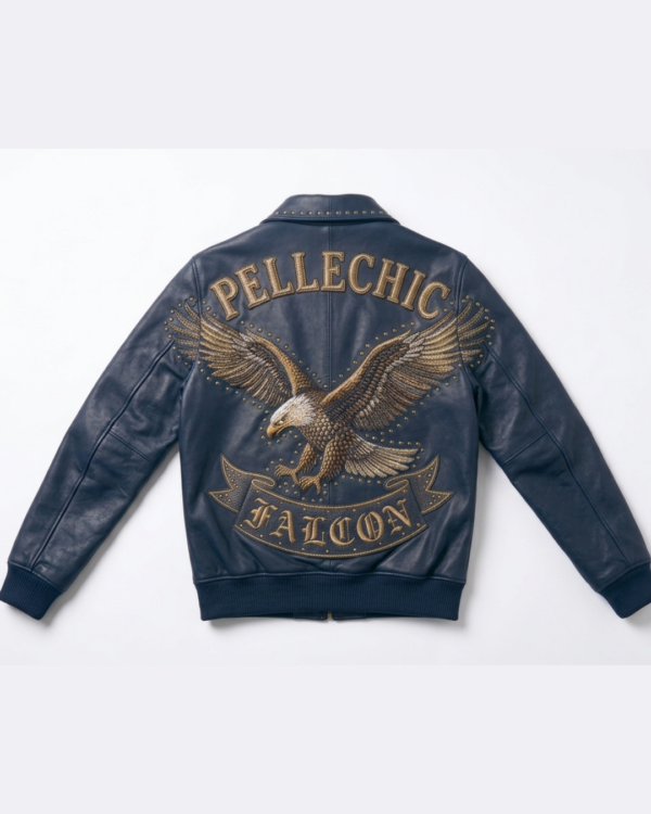 PelleChic Falcon Premium Embroidered Leather Jacket – Navy Blue          $961 USD