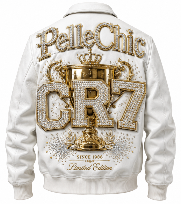 PelleChic CR7 Limited Edition White Leather Bomber Jacket – Gold & Crystal Embroidered "Legend" Edition USD-$5000